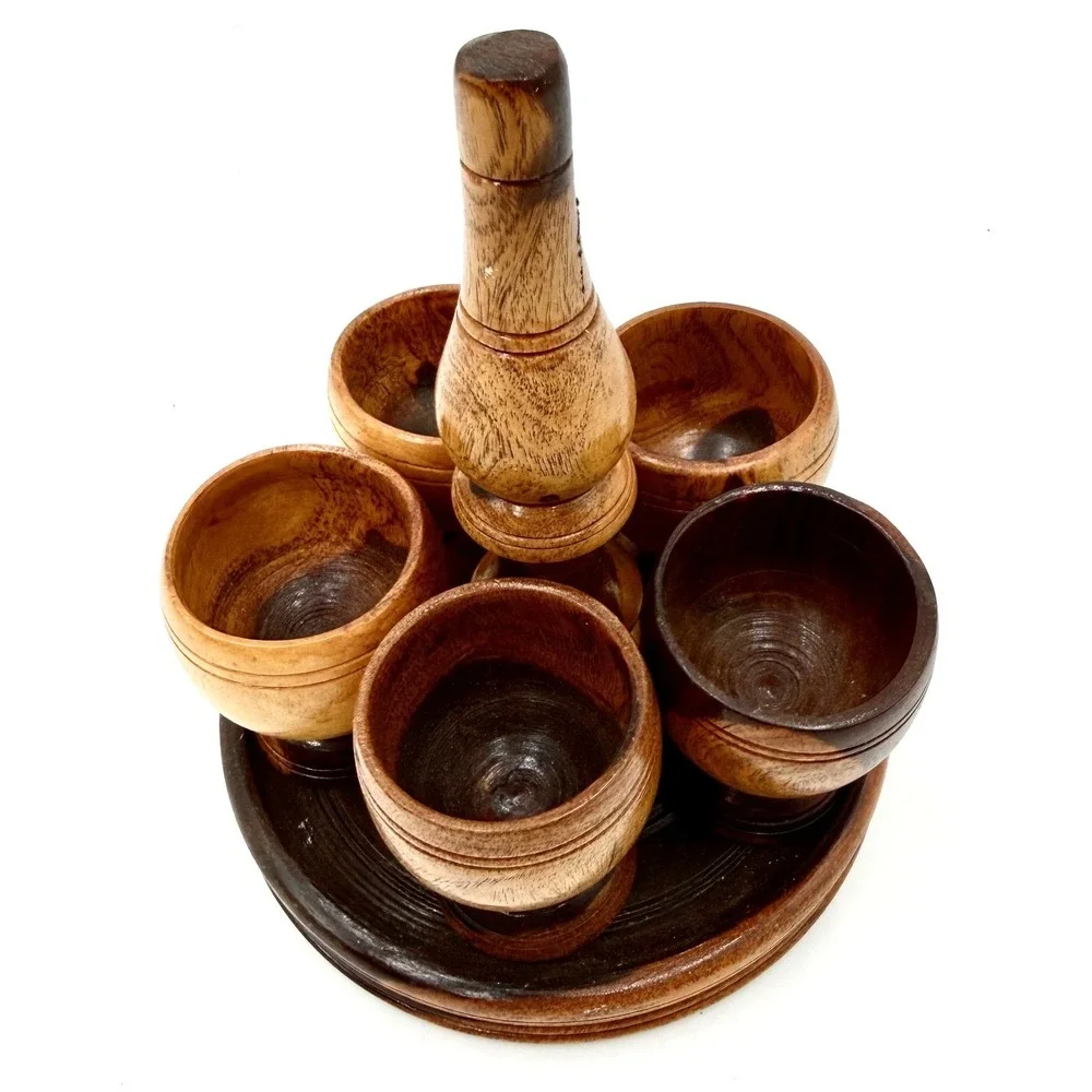 Vintage Hand Turned Wood Shot Glass Set 6 Cups with Round Caddy Tray Brown MCM‎